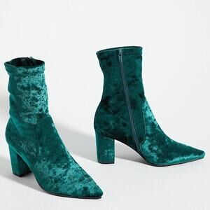 Anthro Silent D Nider Ankle Bootie Crushed Velvet Side Zipper Green EU 37